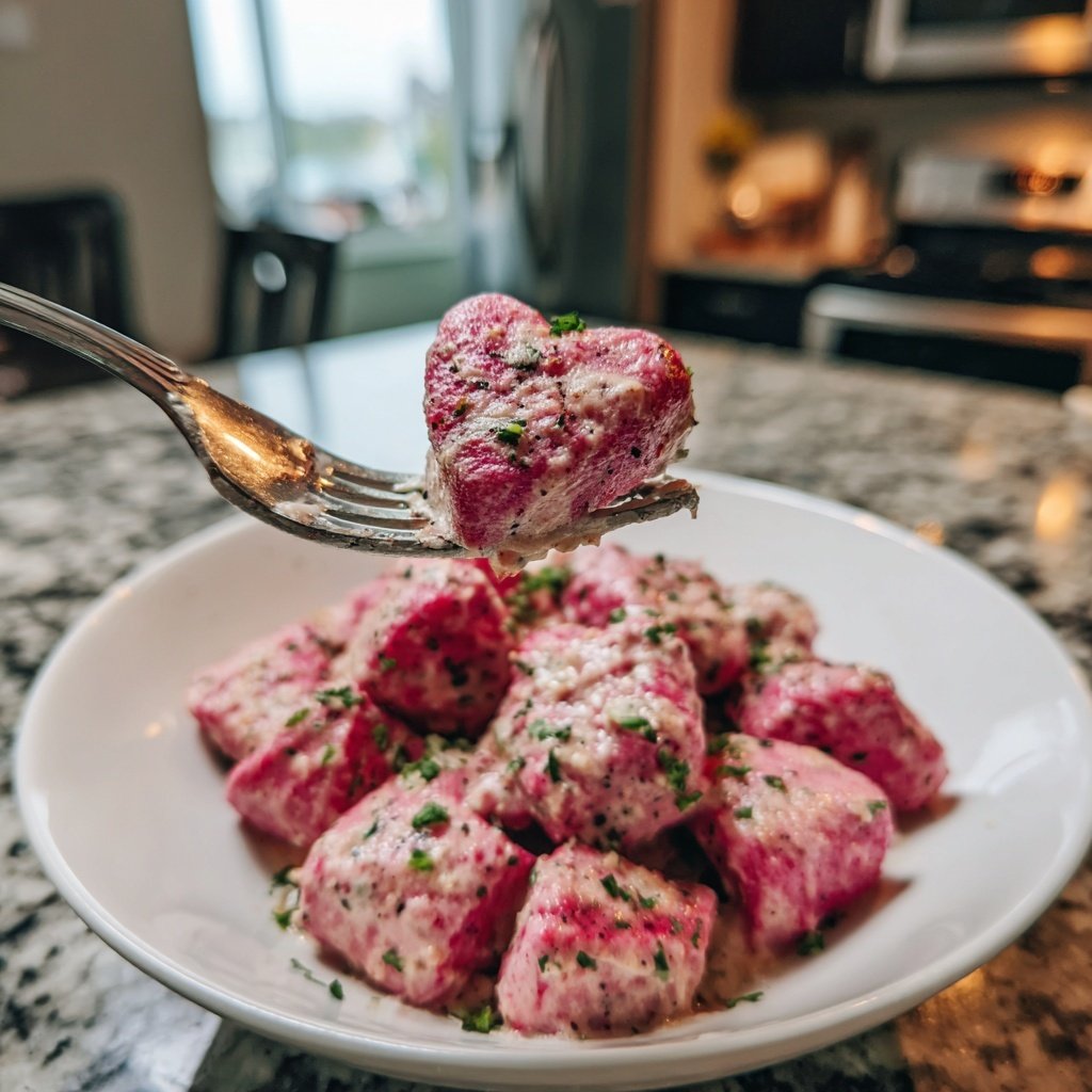 Heart-Shaped Beet Gnocchi with Cream Sauce
